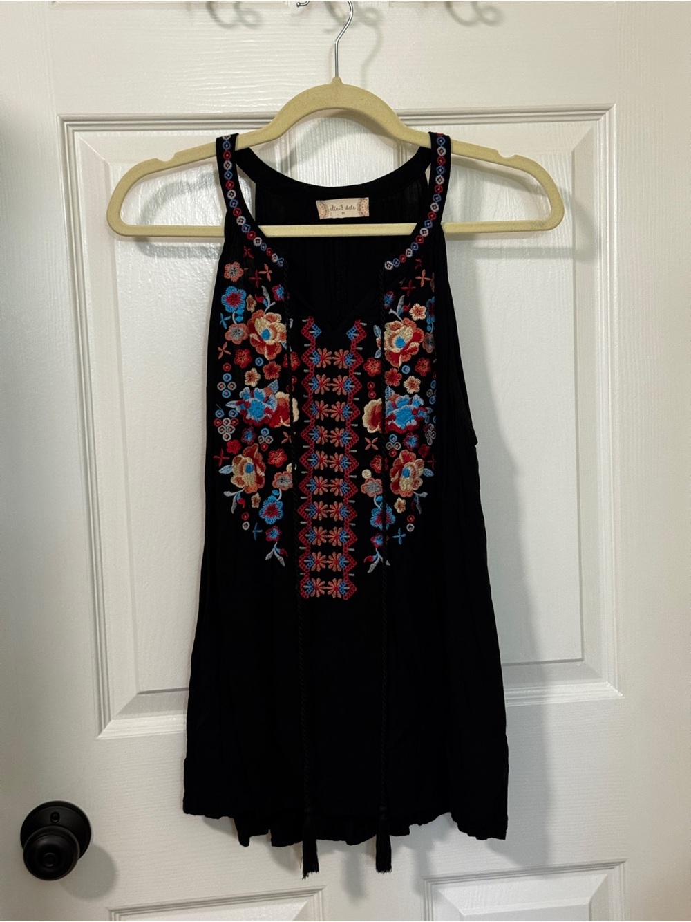 Altar'd State Black Tank with Red, Blue, and Cream Floral Embroidery